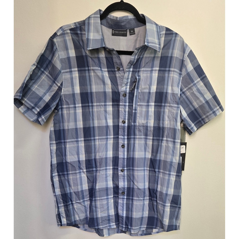 Free Country Mens Poplin Yarn Dye Plaid S/S Shirt Blue 446-MAS4200 Medium